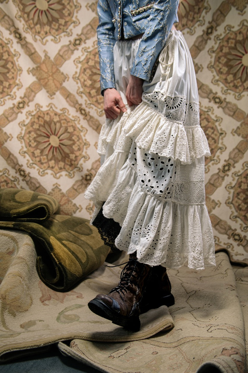 Magnolia Pearl artisan vintage white eyelet skirt, blue jacket, lace, and boots, whimsical style