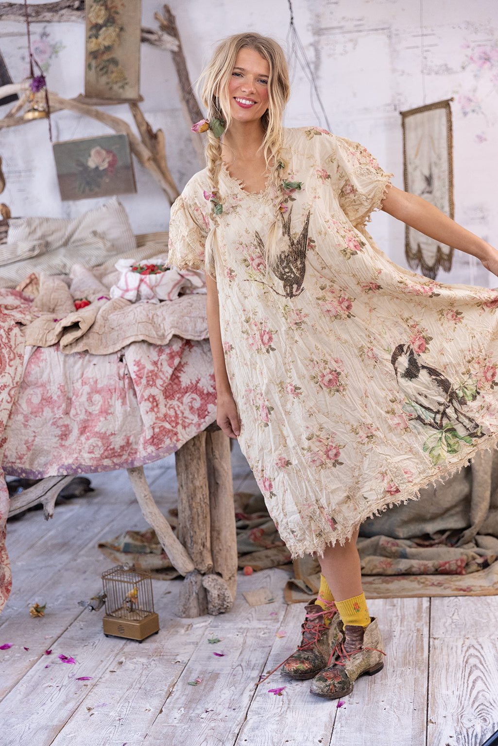 Magnolia Pearl vintage floral dress with whimsical bird print, artisan style, boho shabby chic
