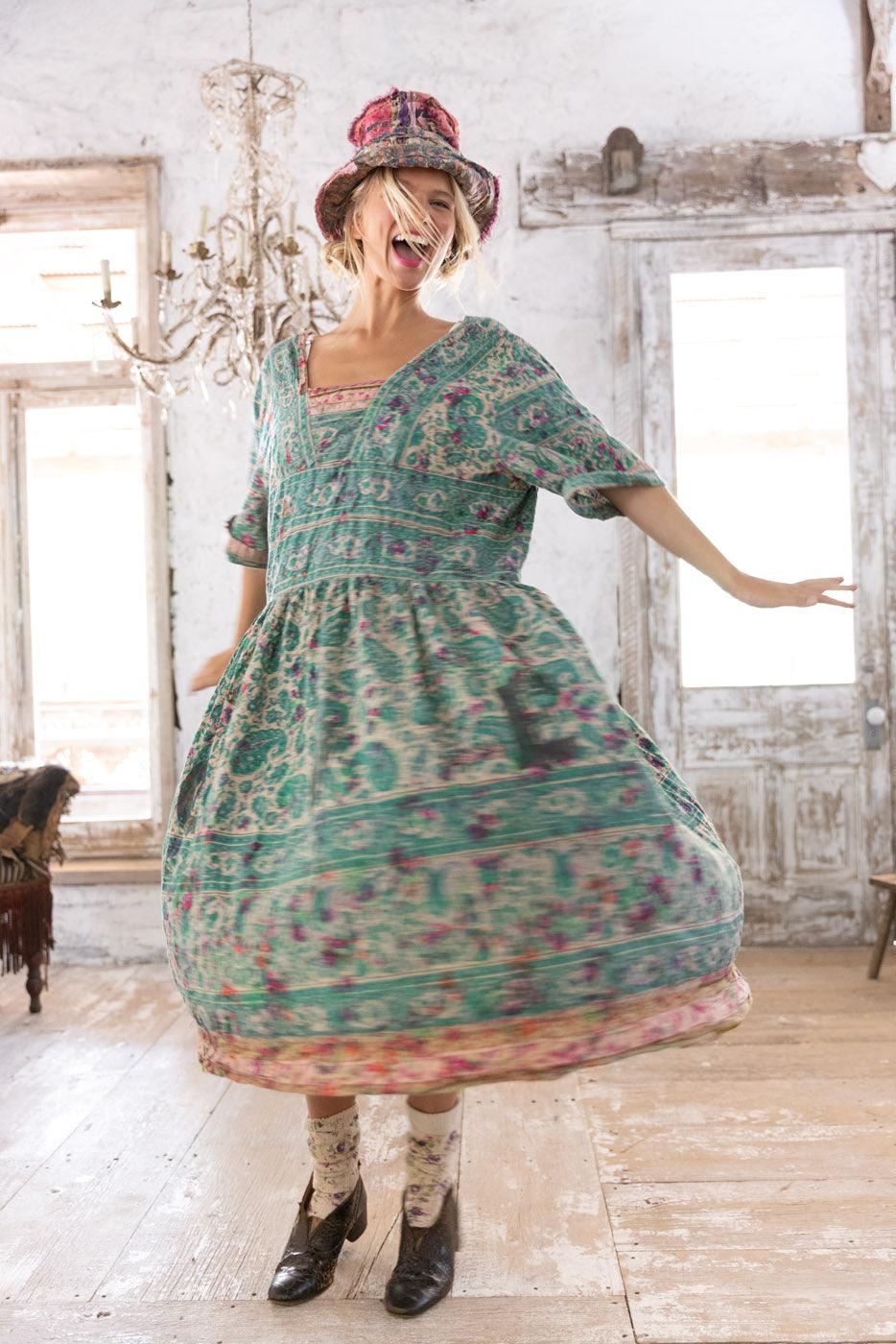 Magnolia Pearl artisan green floral vintage dress, whimsical hat, rustic room