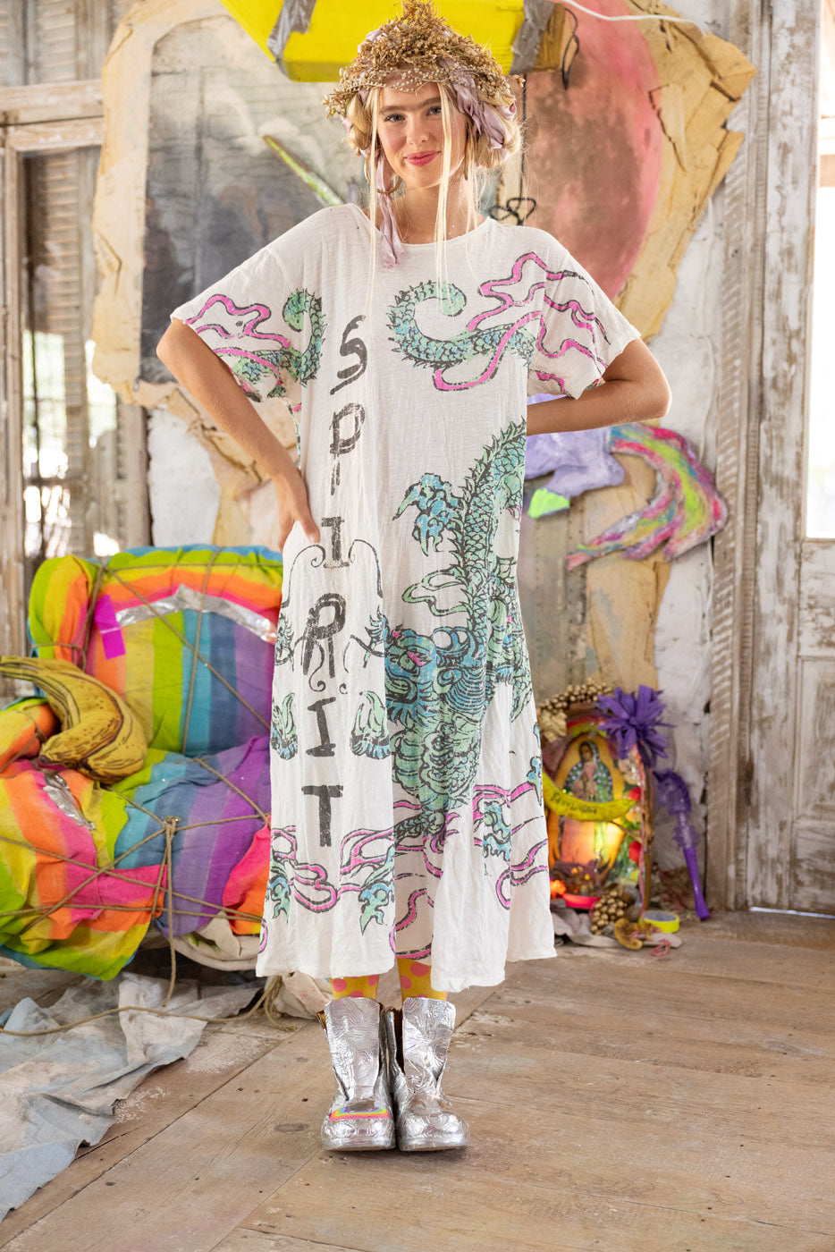 Model wearing Magnolia Pearl dragon T-shirt dress – soft cotton with vintage wash