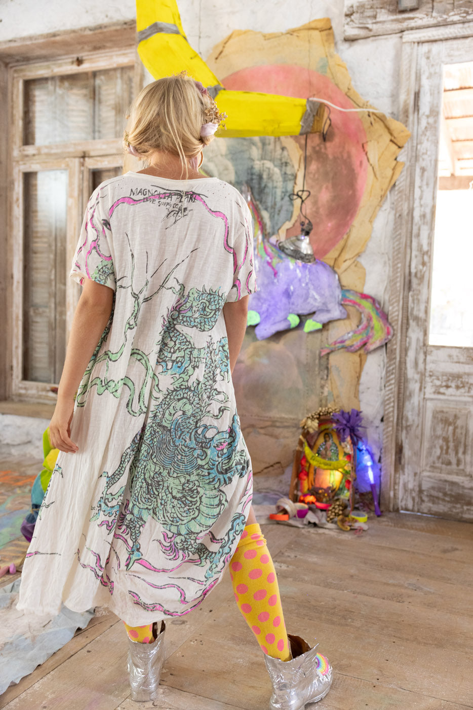 Magnolia Pearl oversized T-shirt dress featuring hand-faded dragon graphic