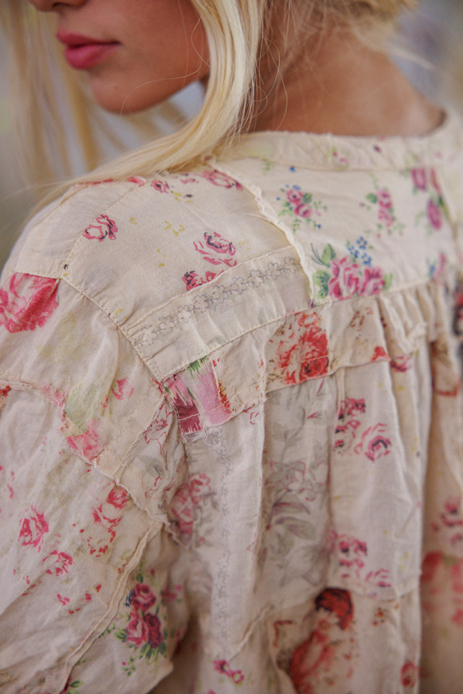 Magnolia Pearl vintage floral patchwork dress with whimsical artisan design, close up