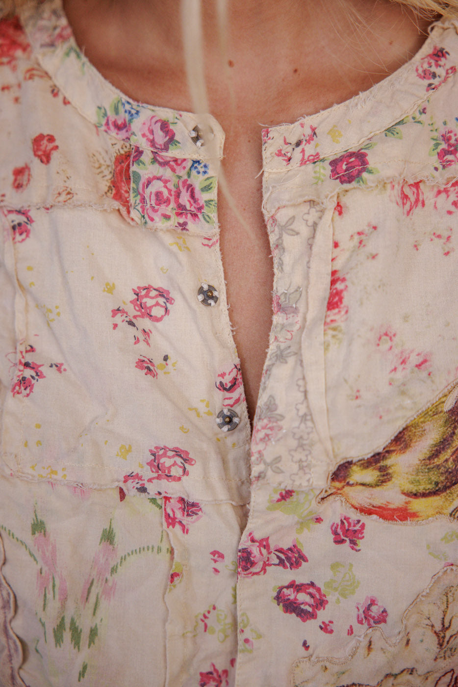 Magnolia Pearl whimsical floral vintage dress with artisan bird patch and distressed details