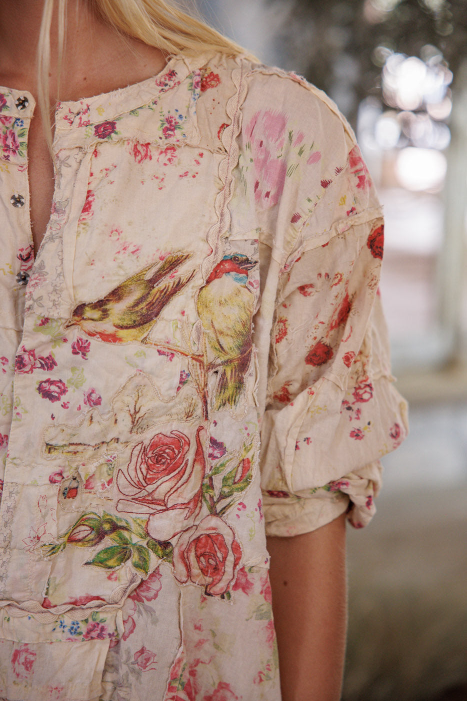 Magnolia Pearl vintage artisan dress with whimsical floral and bird print, shabby chic style