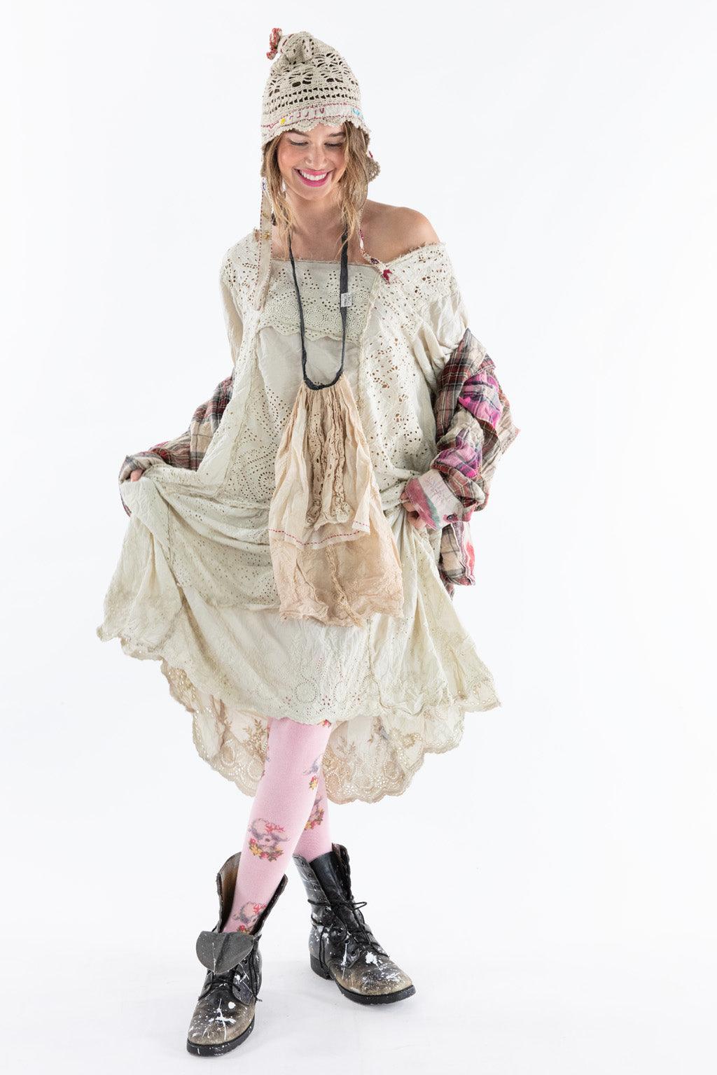 Magnolia Pearl artisan vintage lace dress, layered with plaid, crochet hat, whimsical boots, pink floral tights