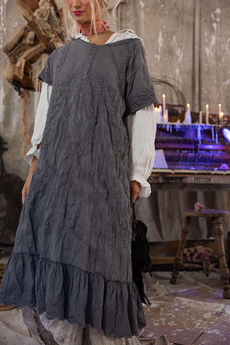 Embroidered Ryder Dress Earl Grey Magnolia Pearl