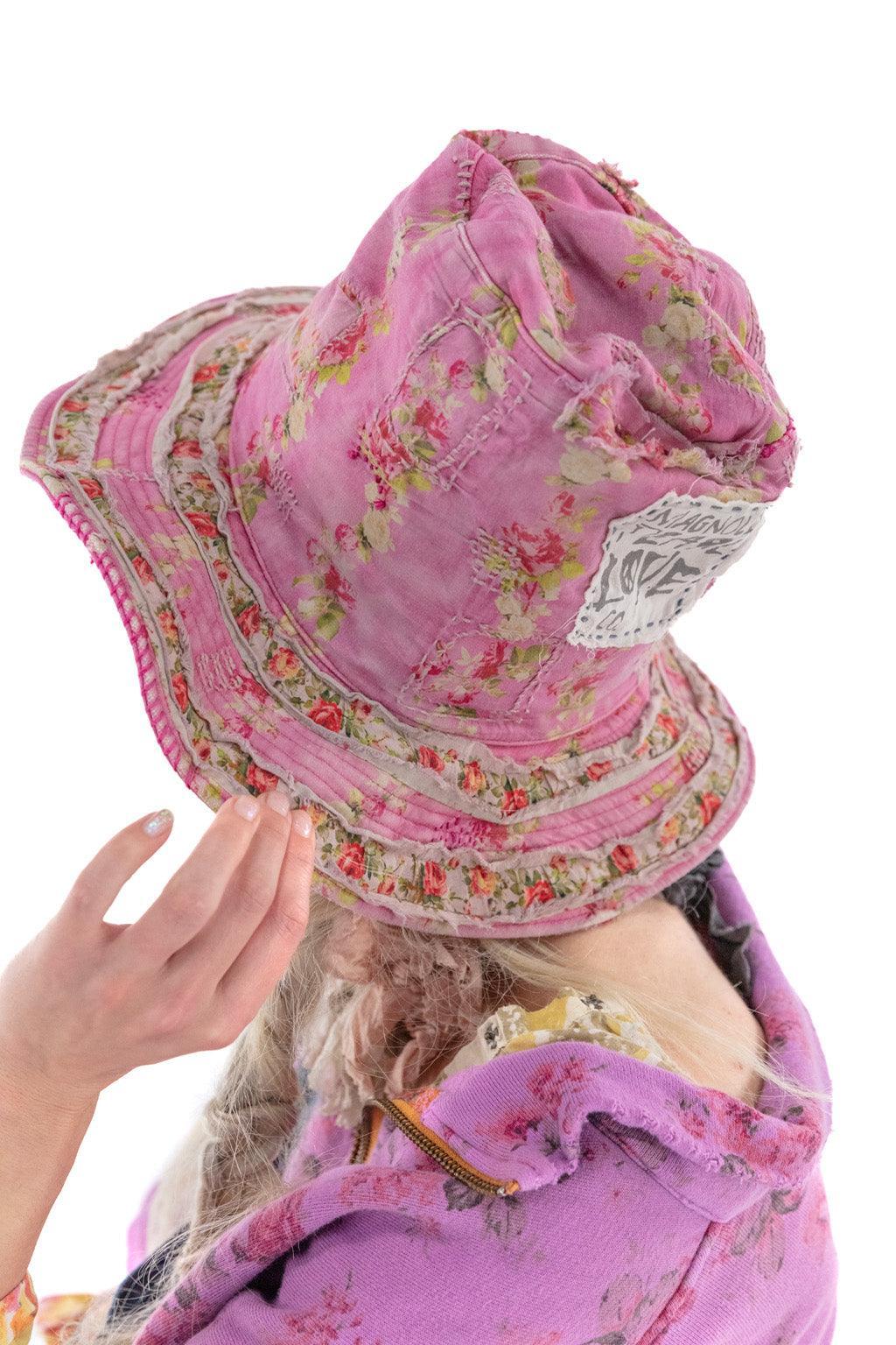 Magnolia Pearl pink floral vintage-style artisan bucket hat with whimsical patchwork design