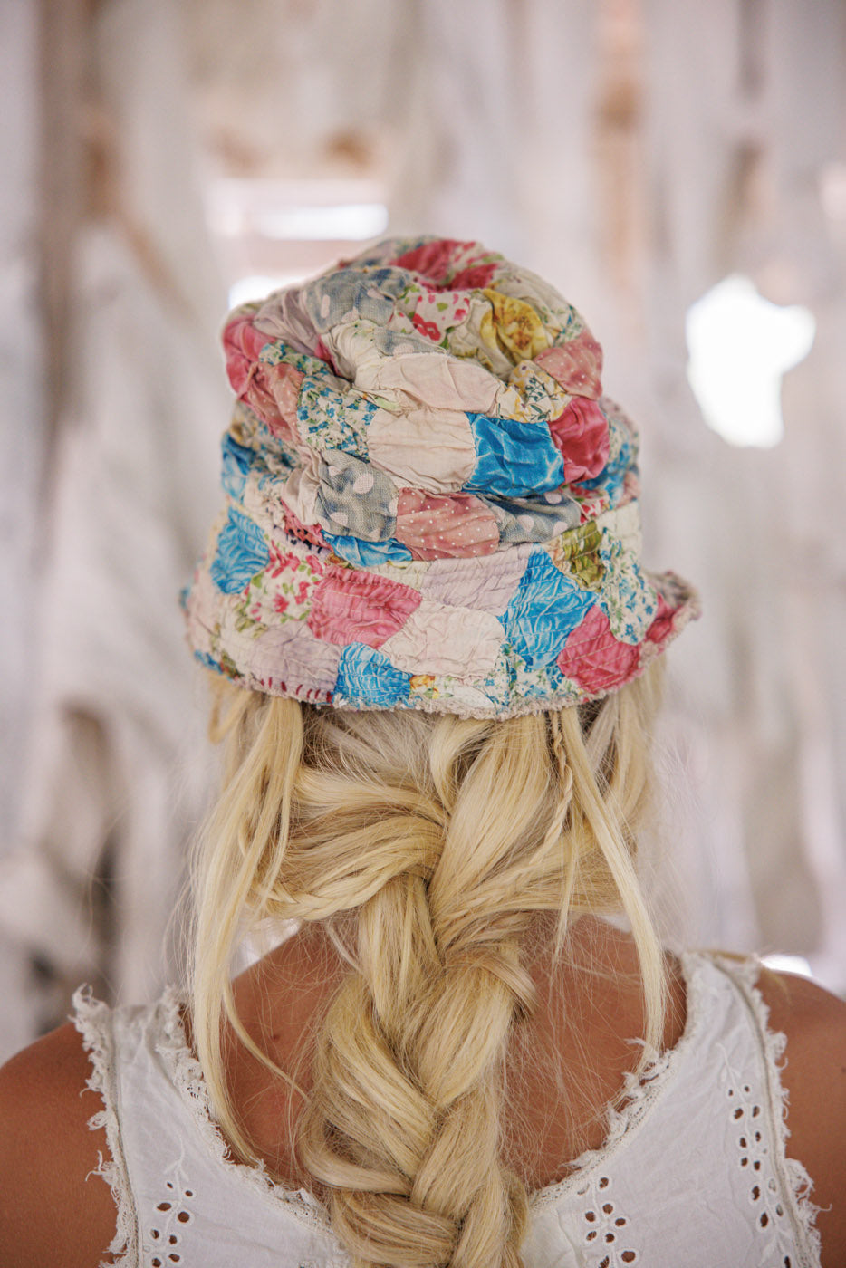 Magnolia Pearl patchwork bucket hat, whimsical vintage style, blonde braid, artisan fashion