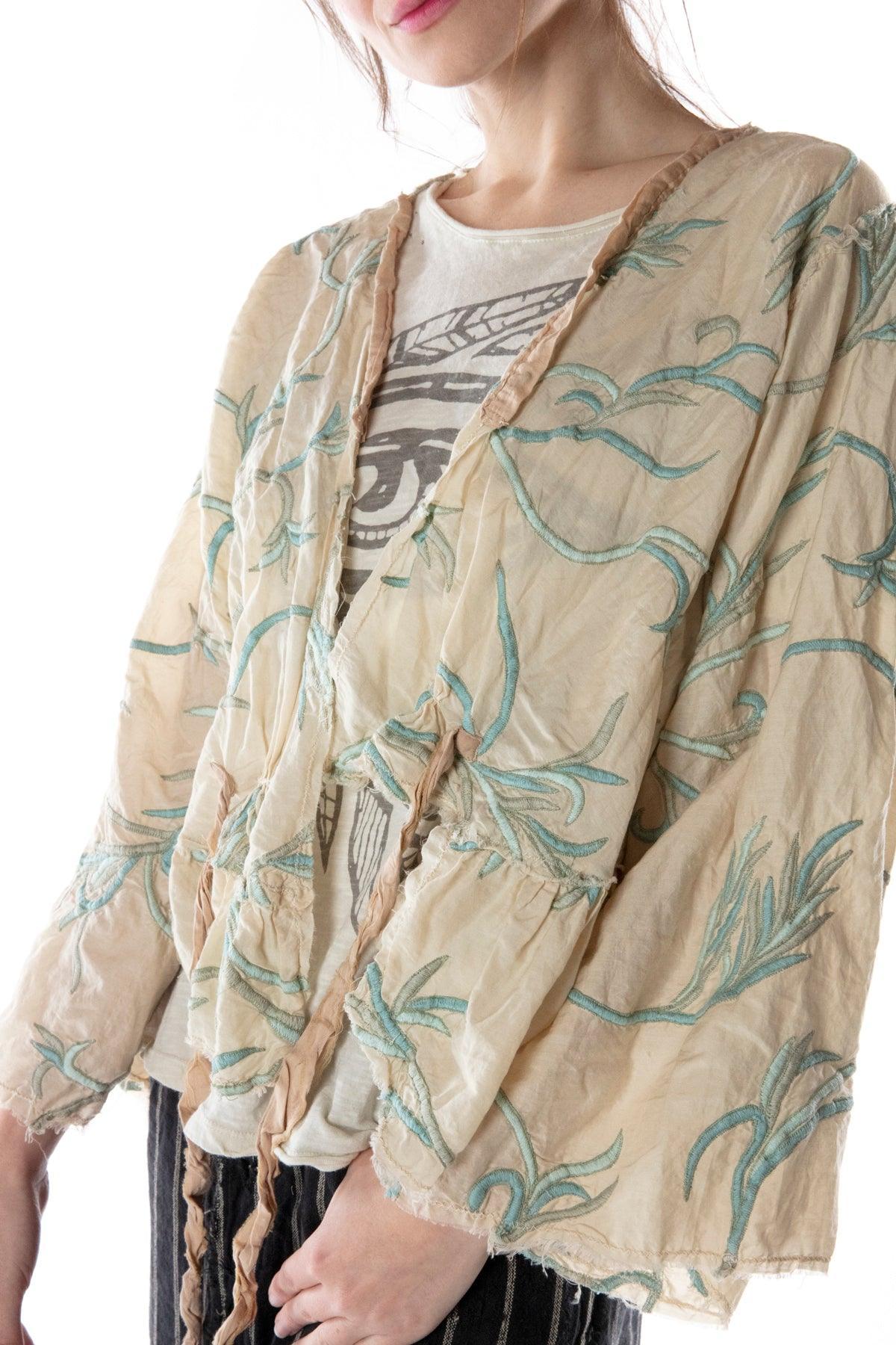 Magnolia Pearl artisan jacket with whimsical vintage embroidery, pastel floral design, boho style