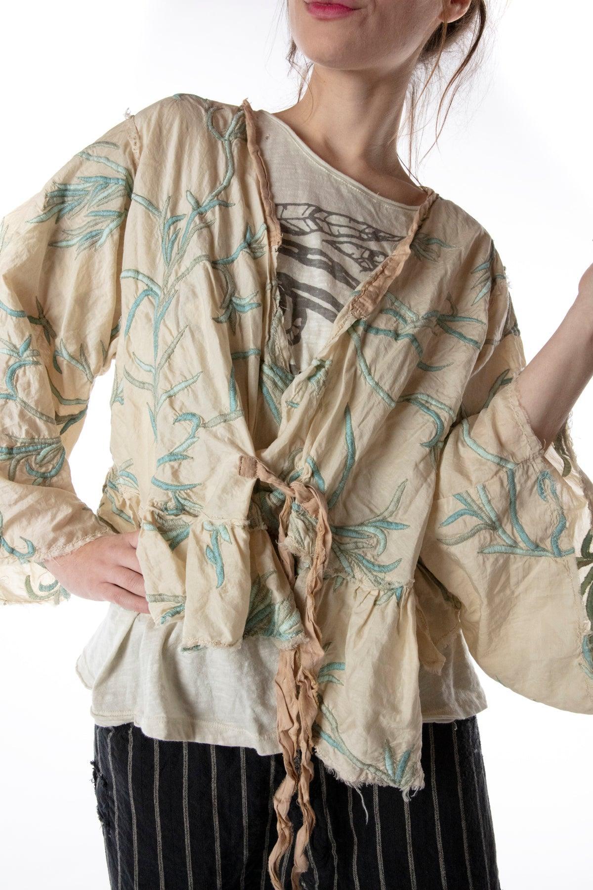 Magnolia Pearl artisan vintage cream embroidered jacket with whimsical leafy design