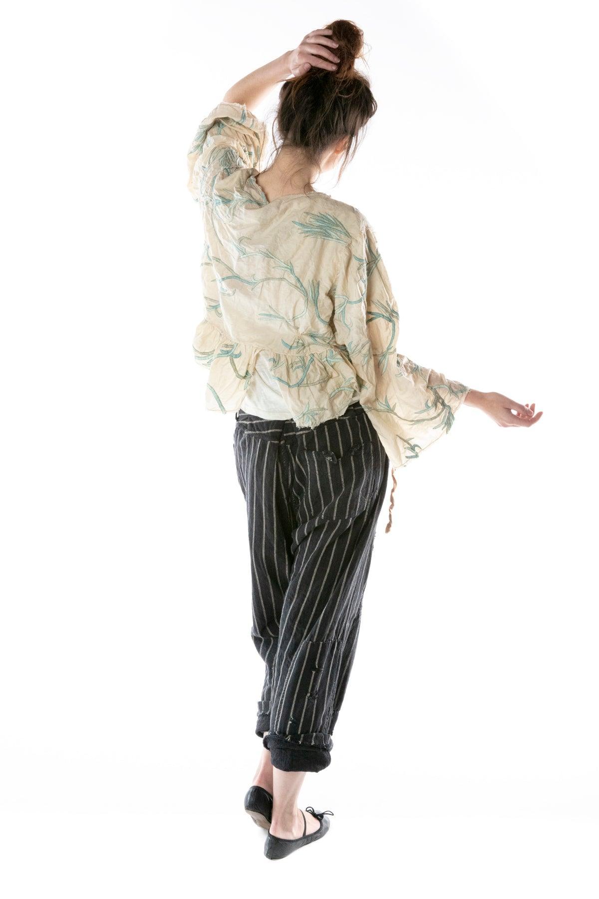Magnolia Pearl artisan vintage floral jacket with pinstripe pants, whimsical handmade clothing