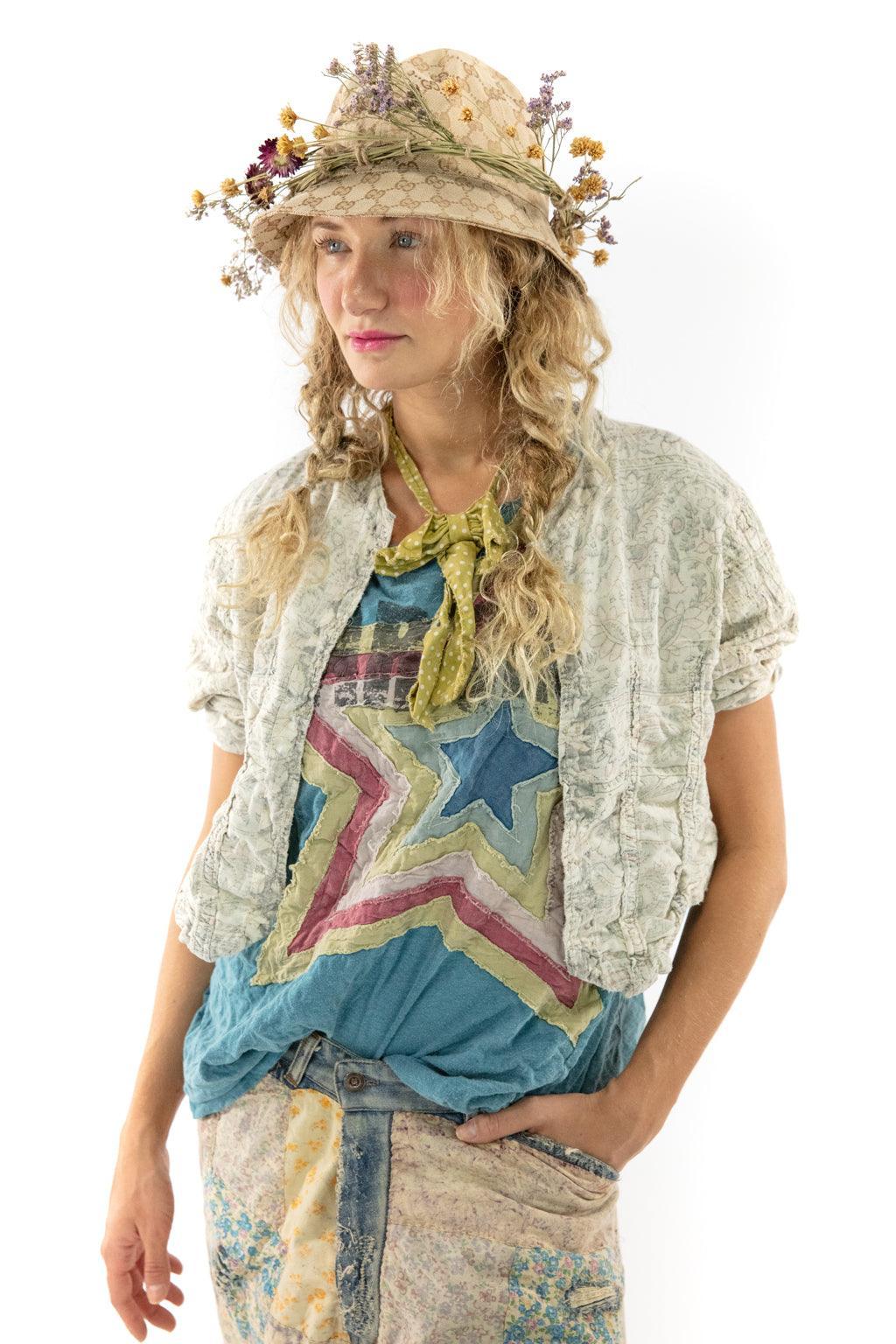 Magnolia Pearl artisan jacket, vintage quilted pants, whimsical star top, floral hat