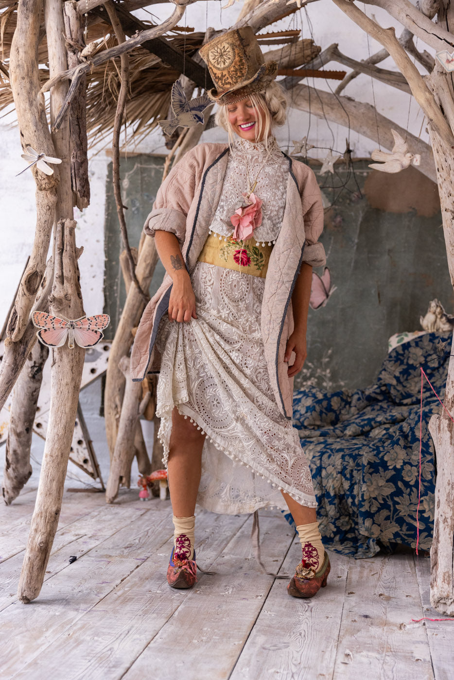 Magnolia Pearl artisan vintage lace dress, quilted jacket, whimsical top hat, boho style