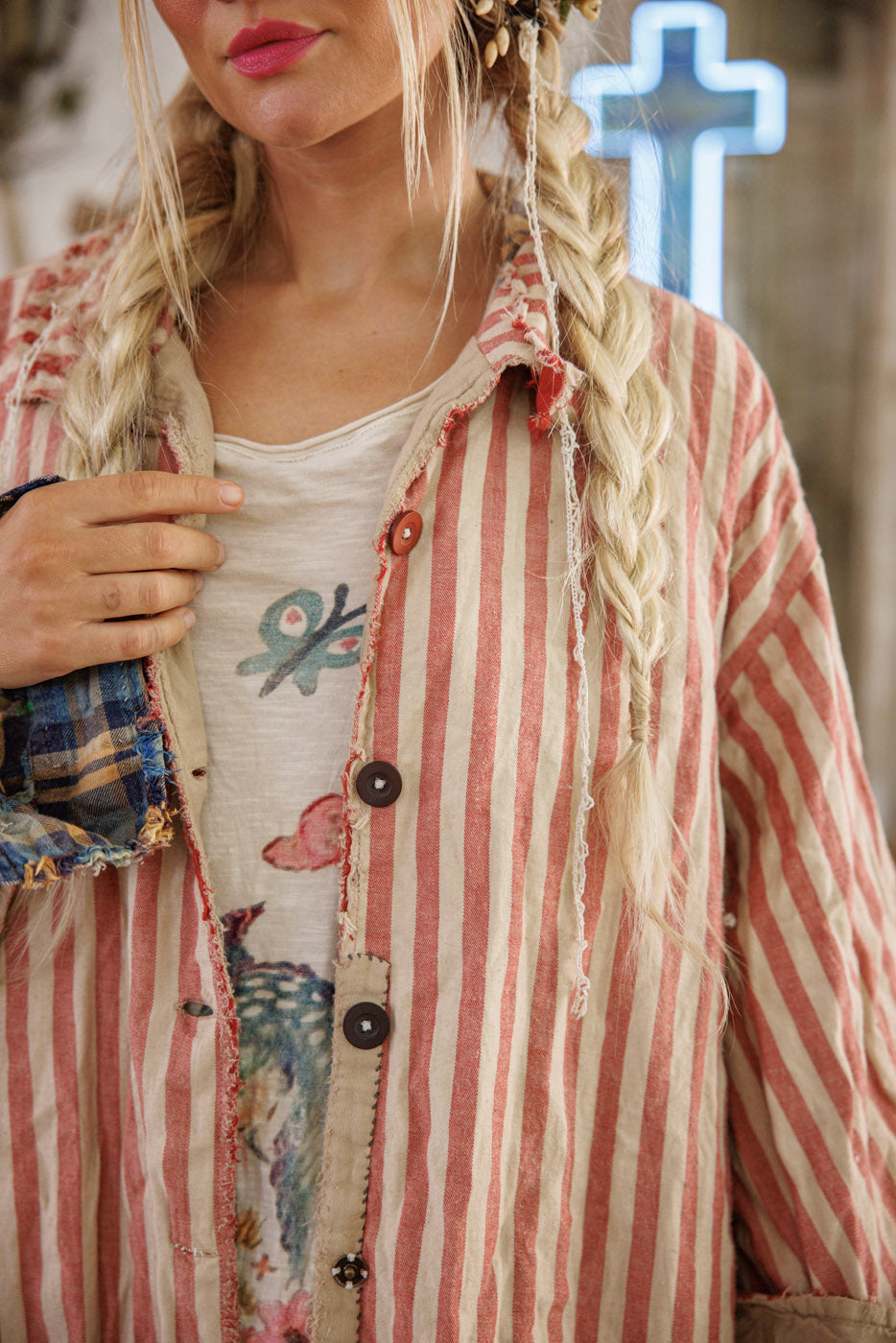 Magnolia Pearl artisan striped vintage jacket with whimsical design and braided hair