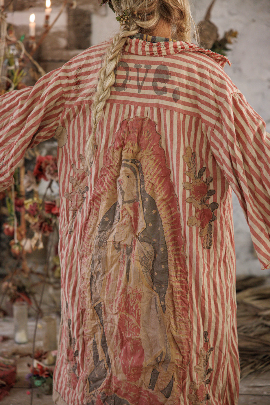 Magnolia Pearl artisan vintage striped jacket with whimsical Madonna patch and floral details