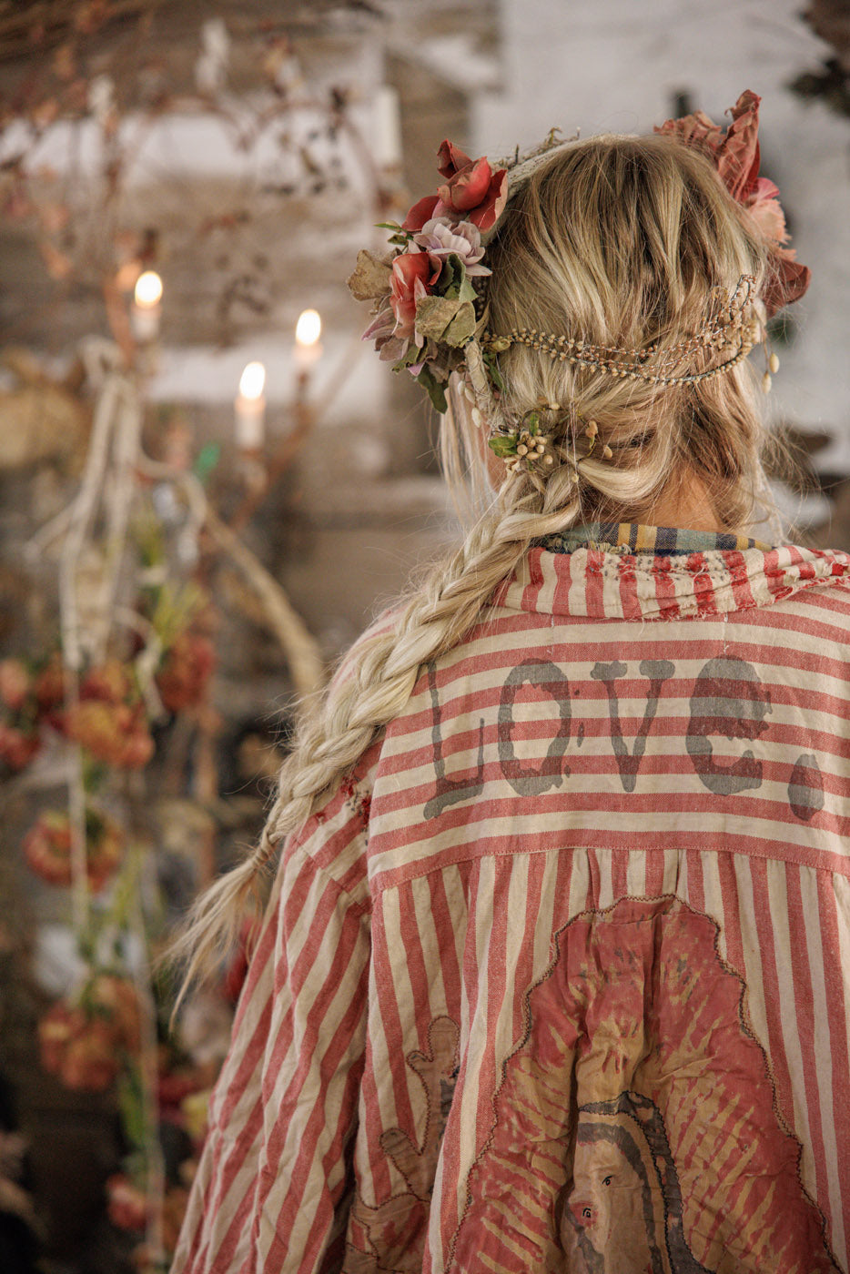 Magnolia Pearl artisan striped vintage jacket with floral crown, whimsical boho style, LOVE text