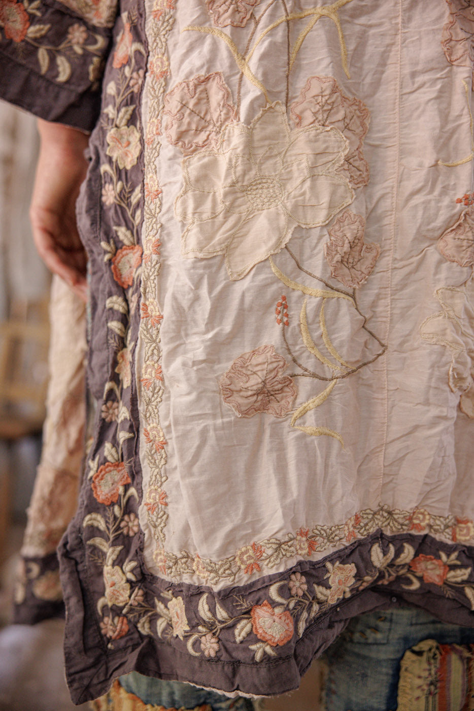 Magnolia Pearl artisan jacket with whimsical vintage floral embroidery and patchwork style