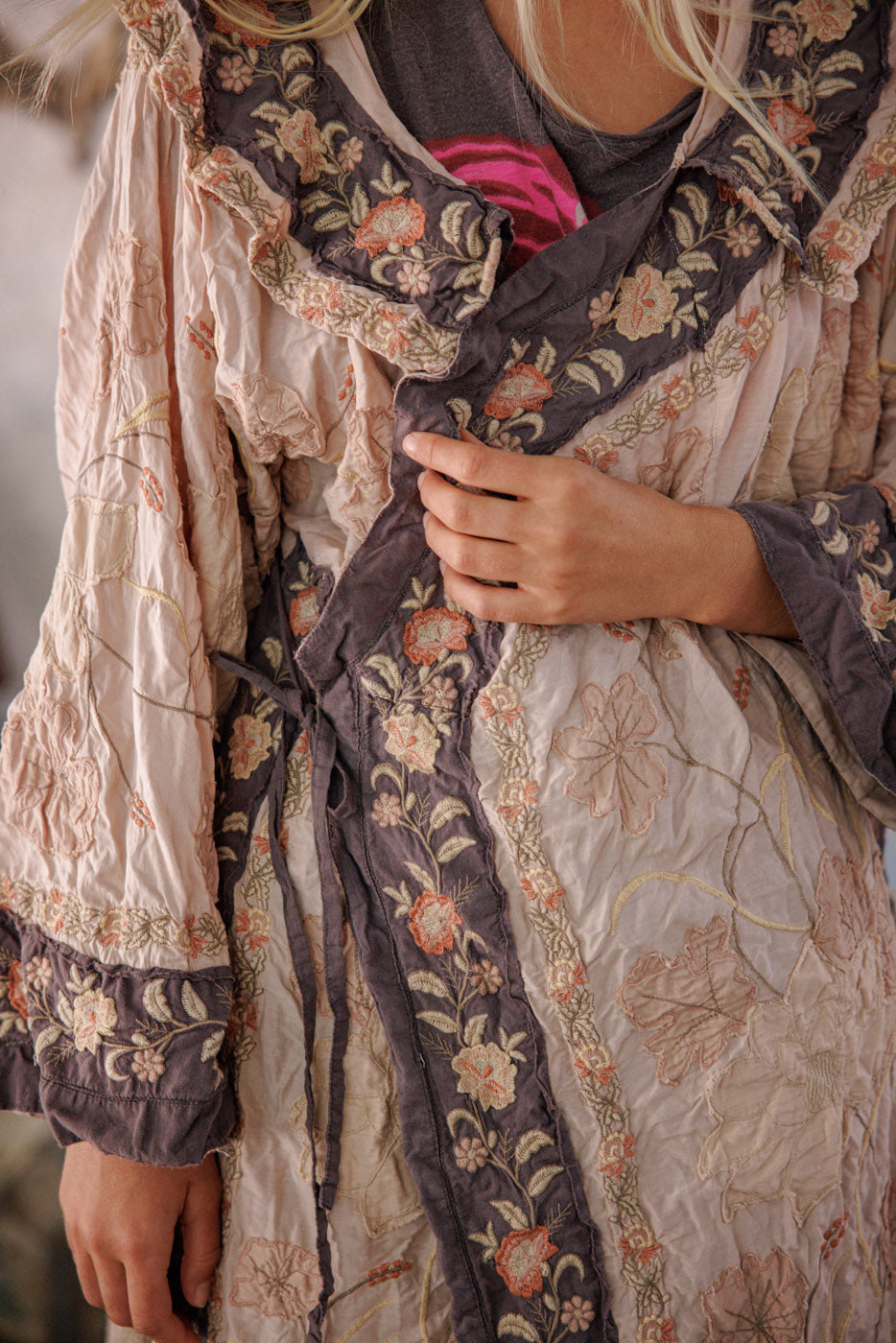 Magnolia Pearl artisan embroidered floral jacket, whimsical vintage-style boho clothing