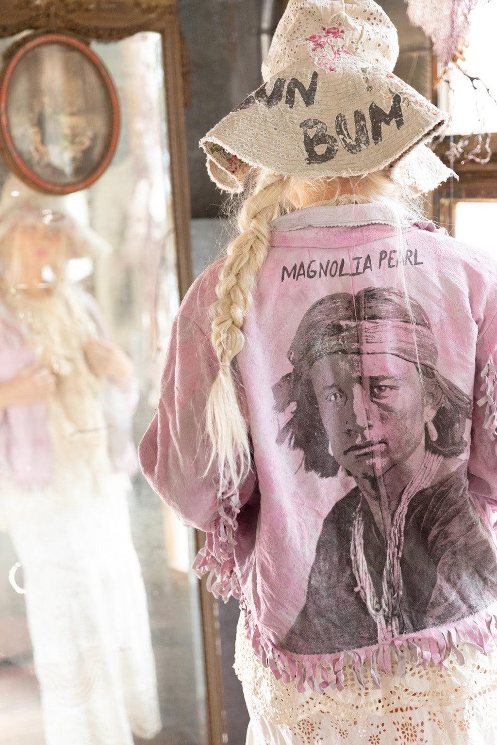 Magnolia Pearl artisan vintage fringe jacket, lace dress, floral hat, whimsical boho style