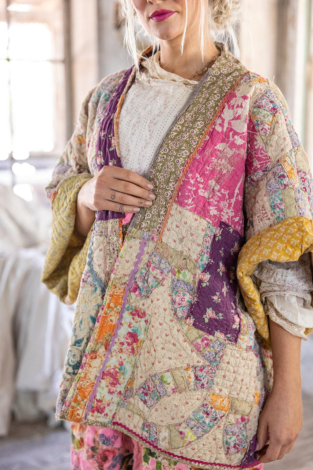 Magnolia Pearl artisan patchwork jacket with whimsical florals and vintage quilt style