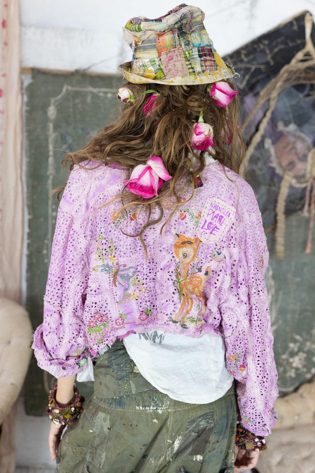 Magnolia Pearl artisan vintage lilac jacket with whimsical embroidery and patchwork hat