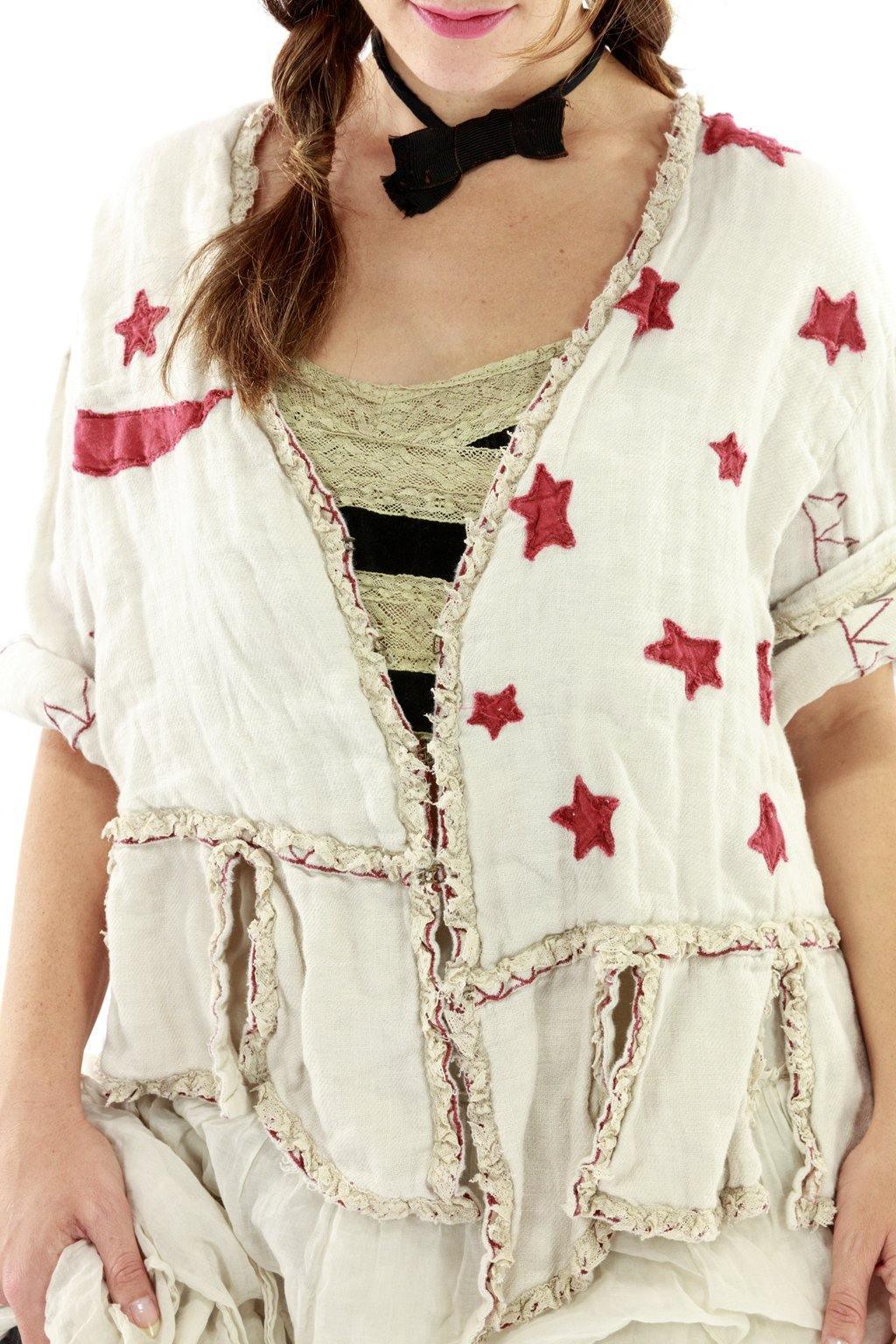 Magnolia Pearl artisan vintage white jacket with red stars and ruffle trim, whimsical style