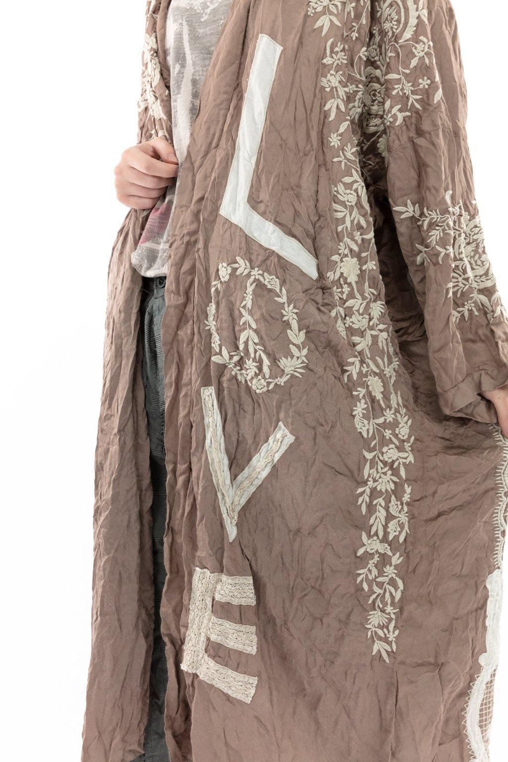 Magnolia Pearl artisan vintage clay jacket with whimsical lace Virgin Mary design, boho style