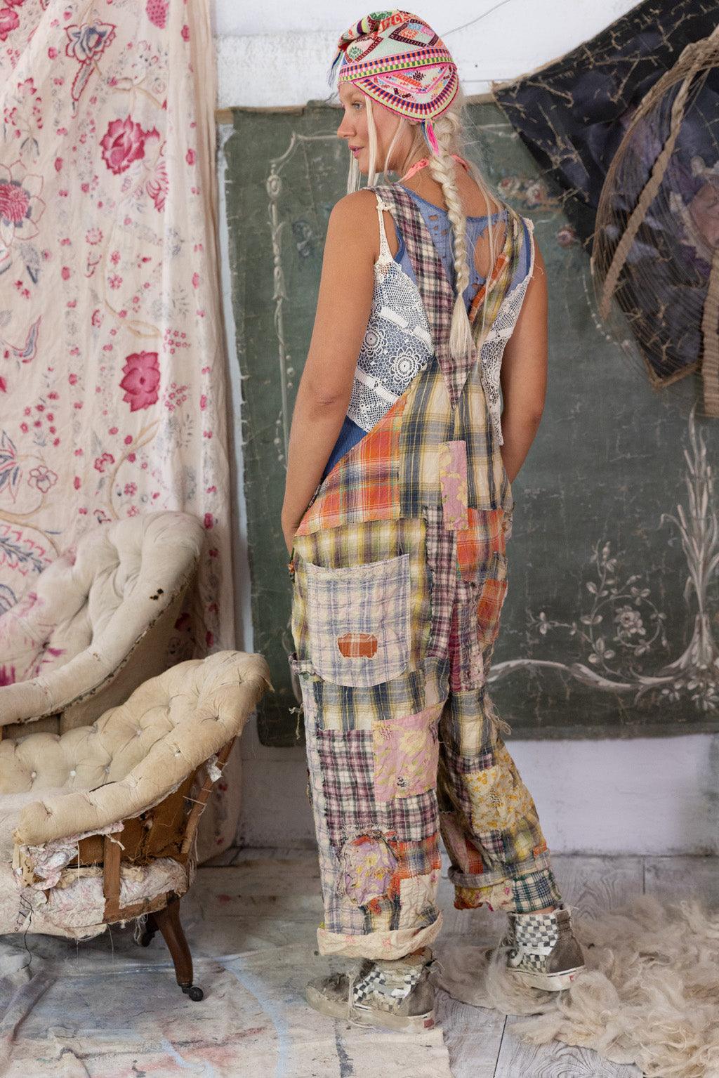 Magnolia Pearl artisan patchwork overalls with whimsical vintage design in eclectic room