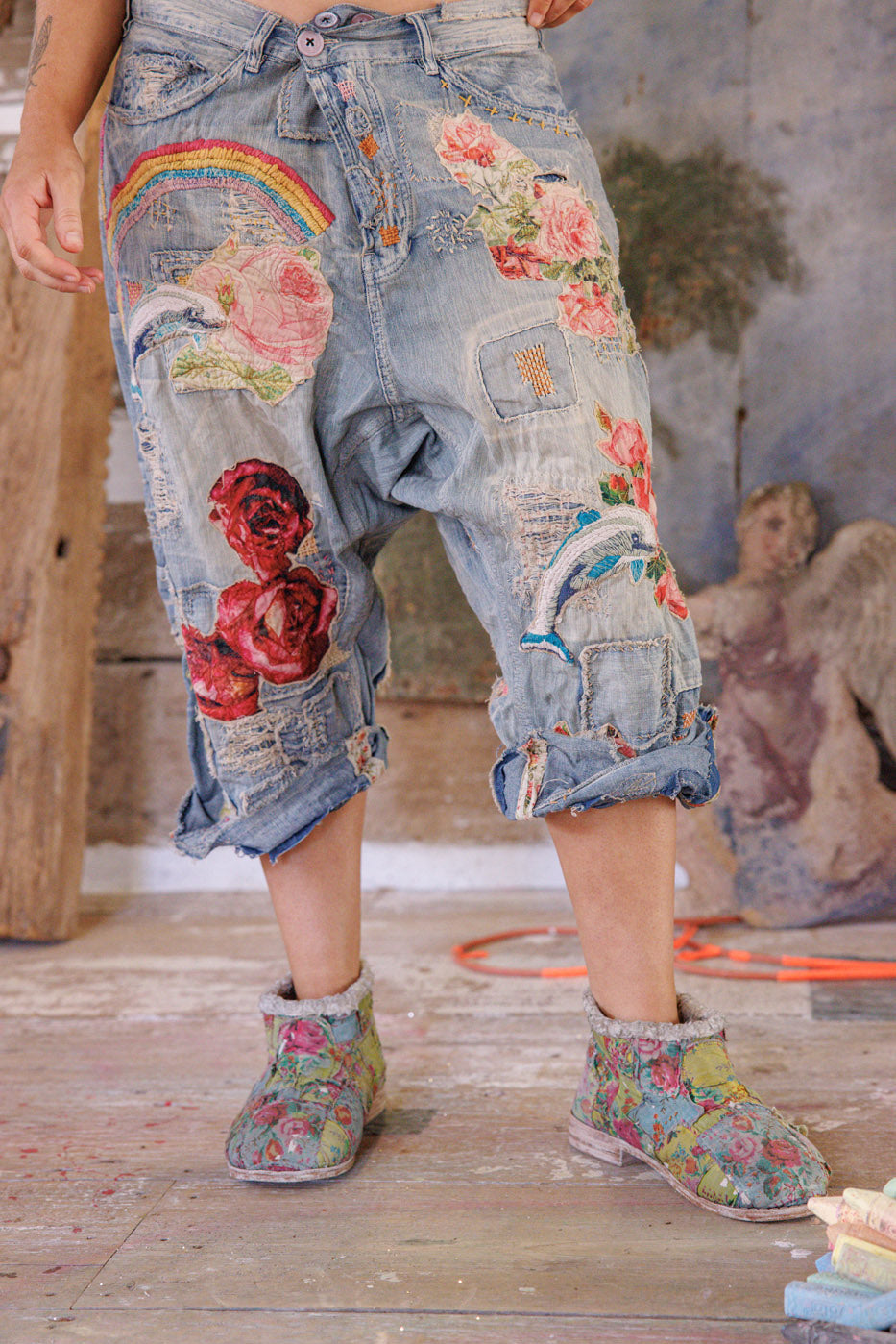 Daphne French Cut Denim Magnolia Pearl Clothing rainbow print, roses embroidery