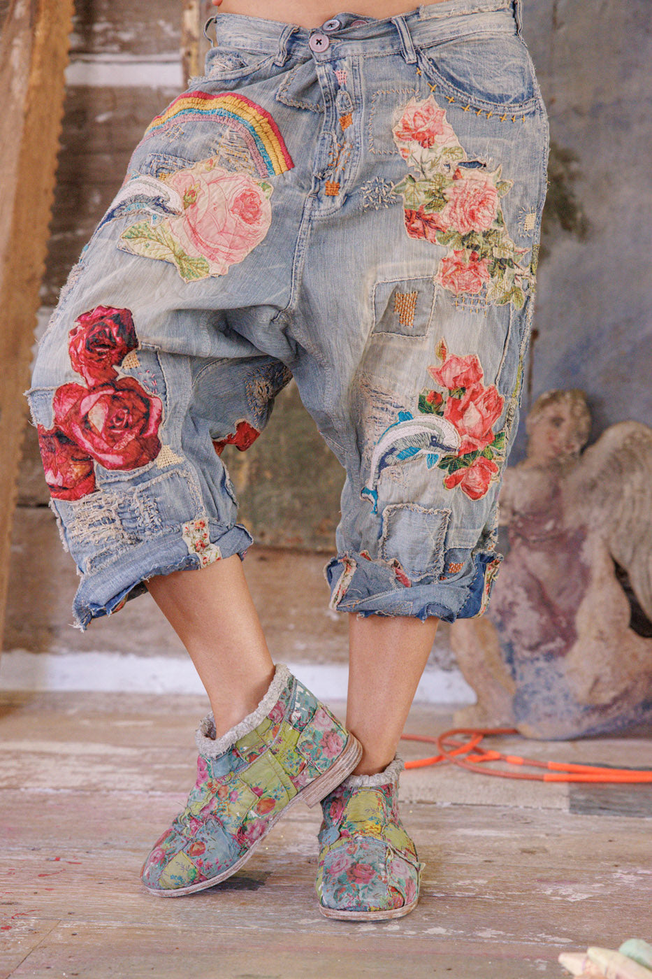 Daphne French Cut Denim Magnolia Pearl Clothing rainbow print, roses embroidery. Funky vintage style denims.