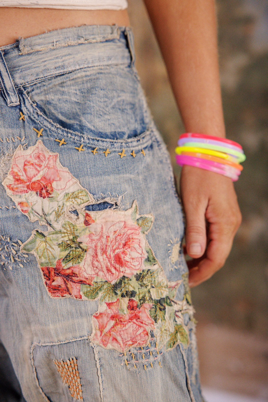 Daphne French Cut Denim Magnolia Pearl Clothing rainbow print, roses embroidery. Funky vintage style denims.