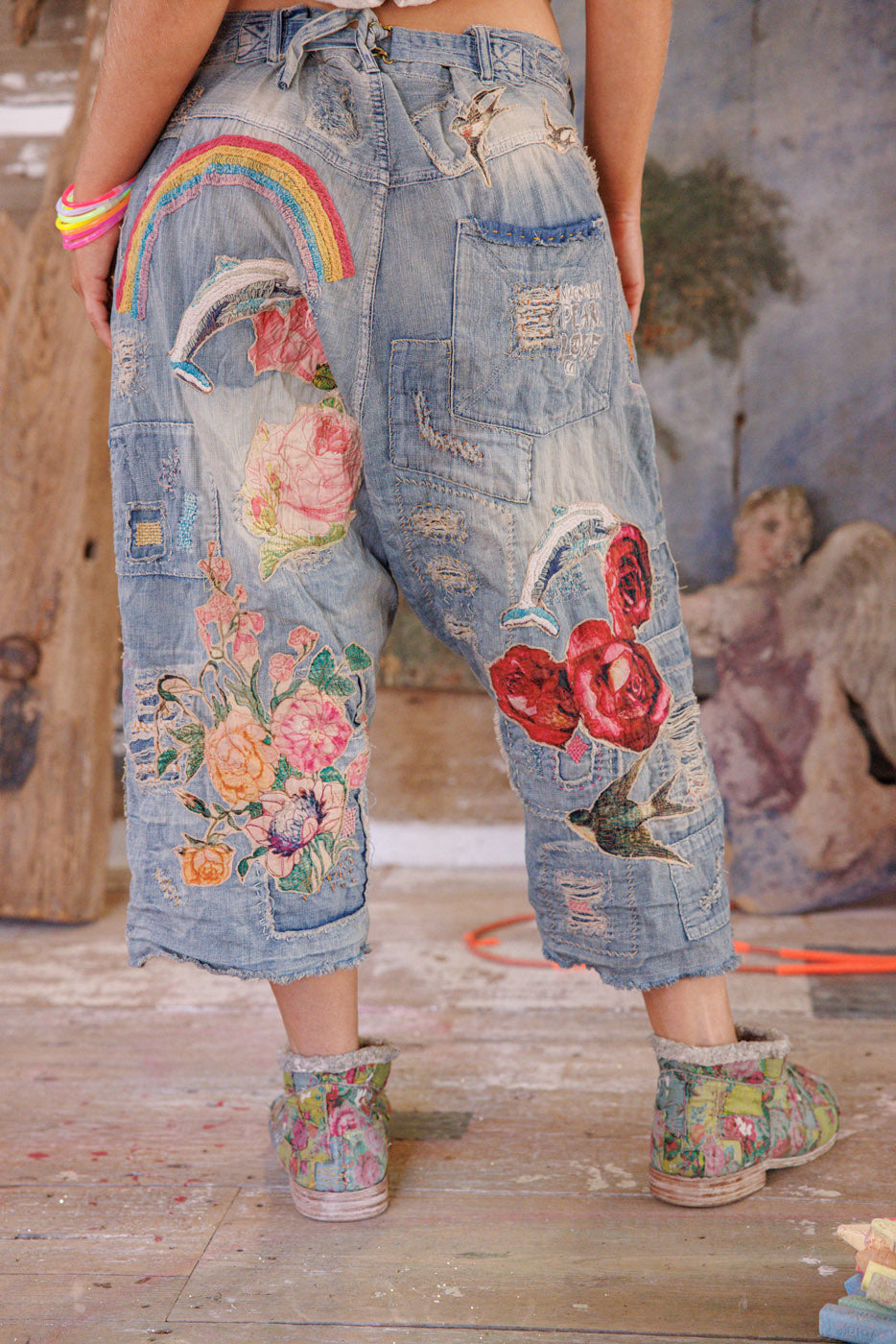 Daphne French Cut Denim Magnolia Pearl Clothing rainbow print, roses embroidery. Funky vintage style denims.