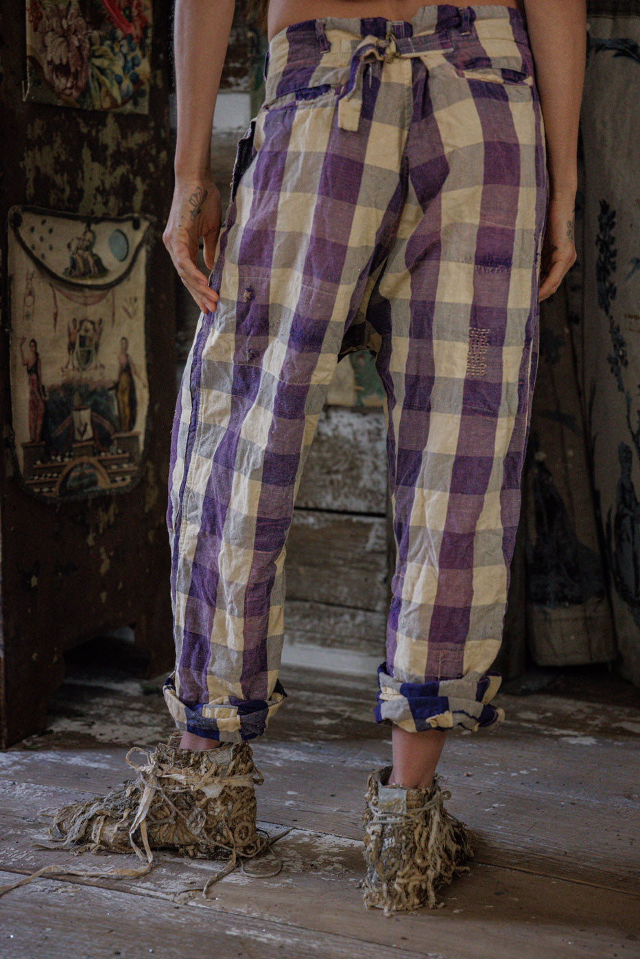 Magnolia Pearl artisan pants in purple check, vintage whimsical style, unique handmade look