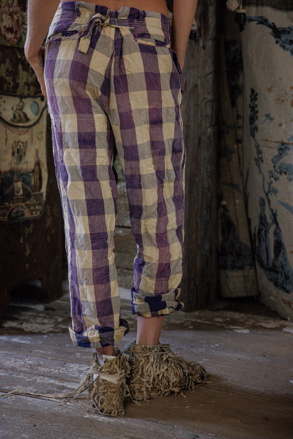 Magnolia Pearl purple check artisan pants with whimsical vintage style and unique details
