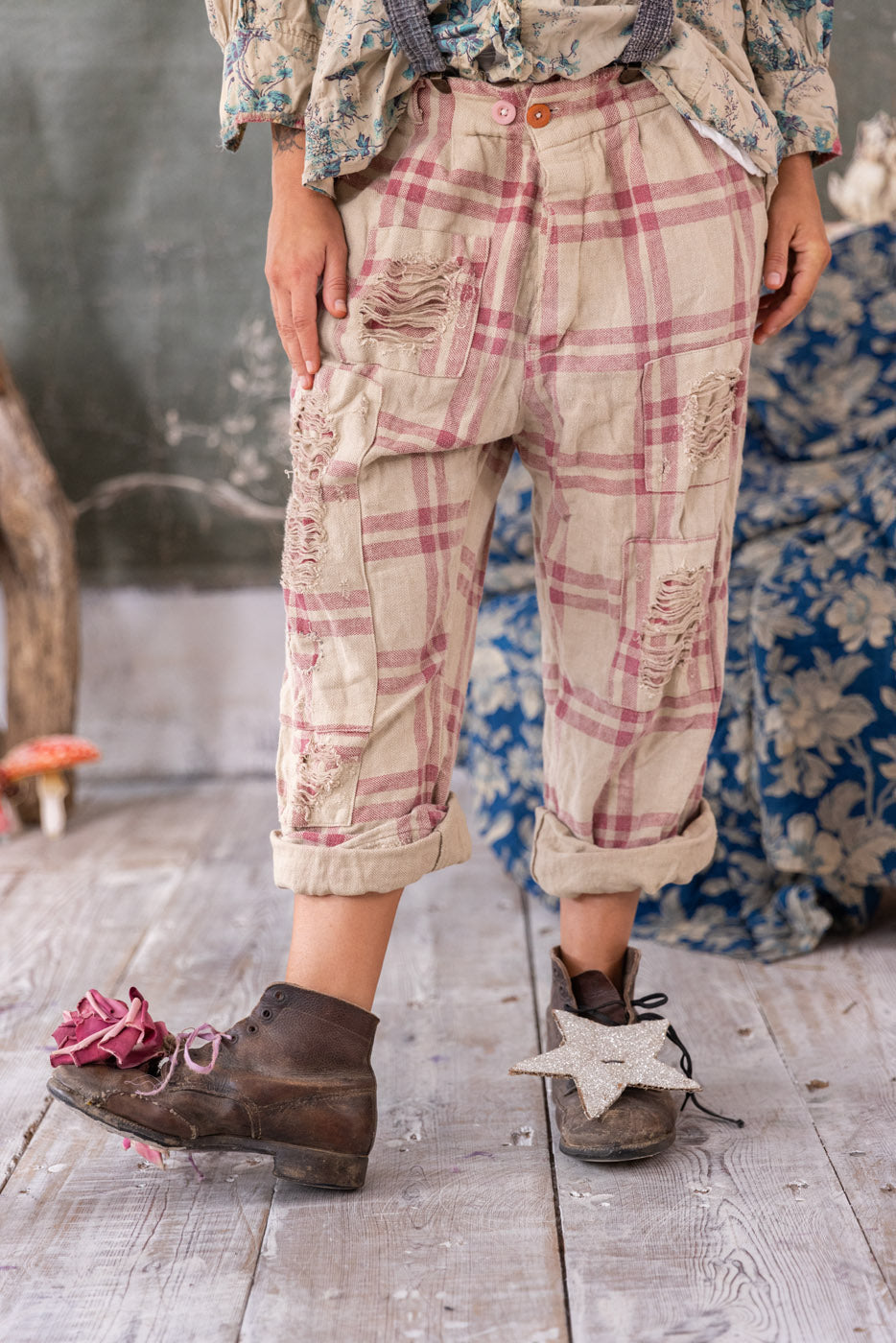Pantalon En Chambray Patchwork Magnolia Pearl - Modèle Quiltwork Charmie, Motif à Carreaux Et Cœur, Taille Unique Neuf Avec étiquettes