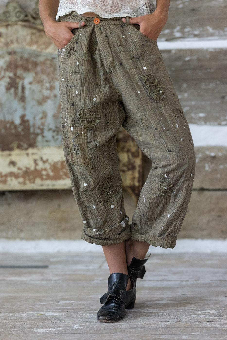 Magnolia Pearl artisan distressed khaki pants with whimsical paint splatter, vintage style