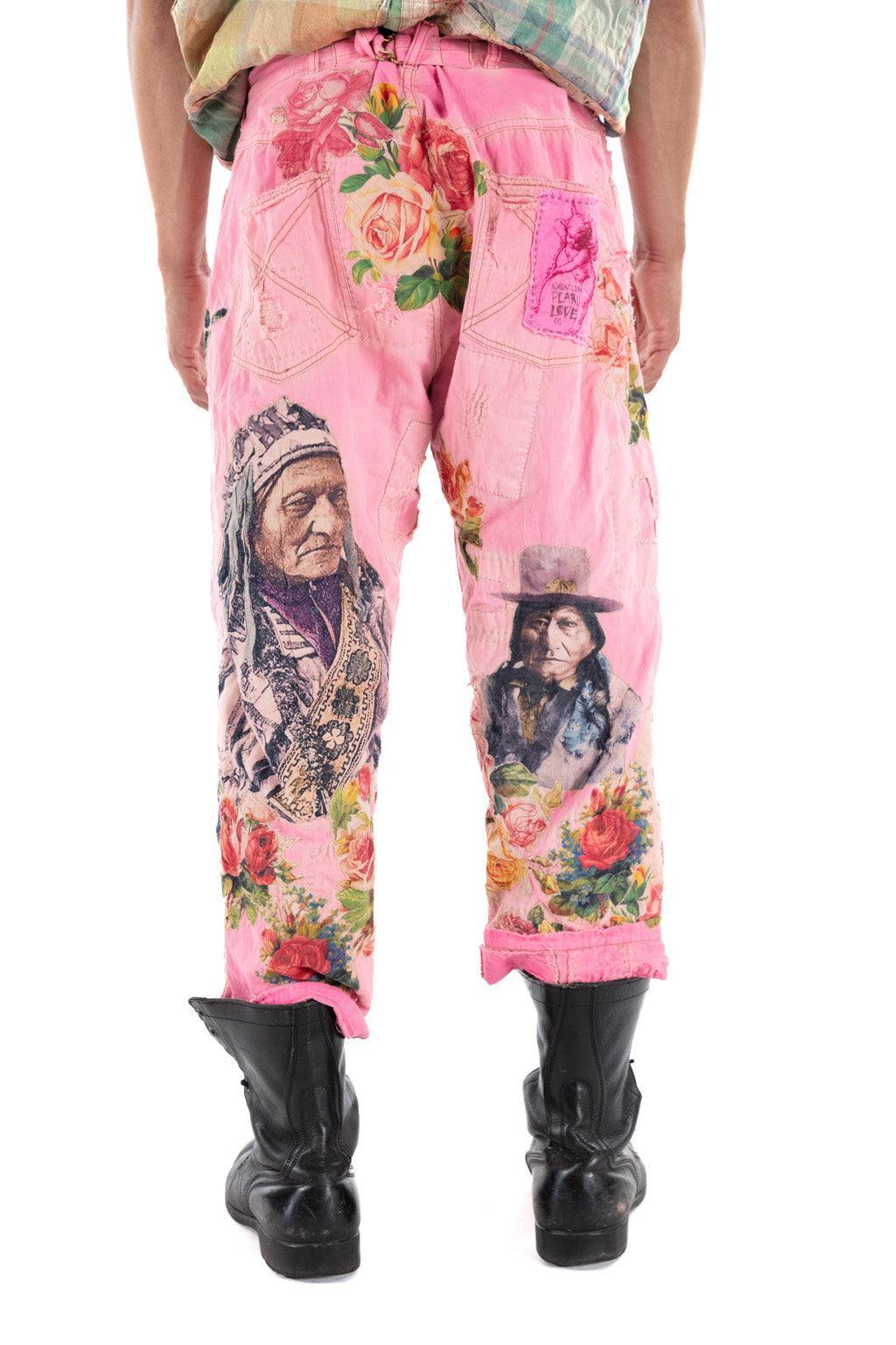 Magnolia Pearl artisan pink pants with vintage floral and portrait prints, whimsical design