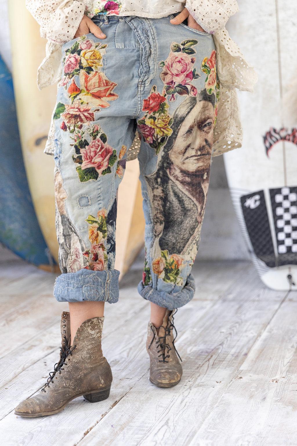 Magnolia Pearl Cotton Twill Miner Pants with Sunflower Applique, Daisies  and Bees in Ashbury Peace Pants 433 - The Walnut Tree Shop Magnolia Pearl  Cotton Twill Miner Pants with Sunflower Applique, Daisies