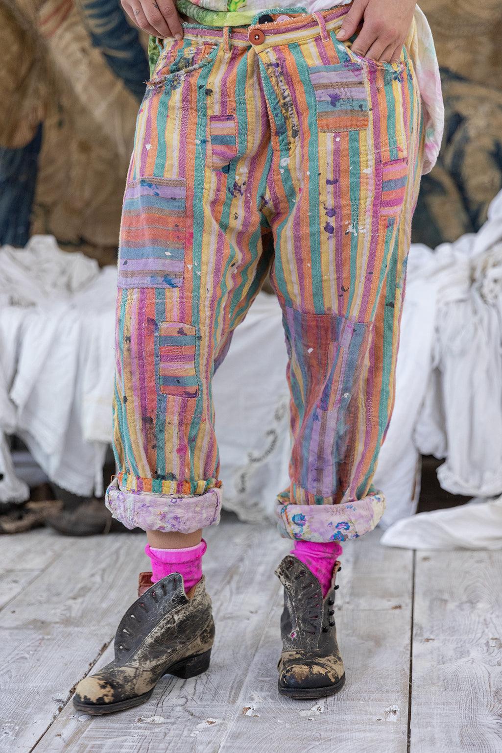 Magnolia Pearl artisan vintage striped pants with whimsical paint splatters and distressed boots