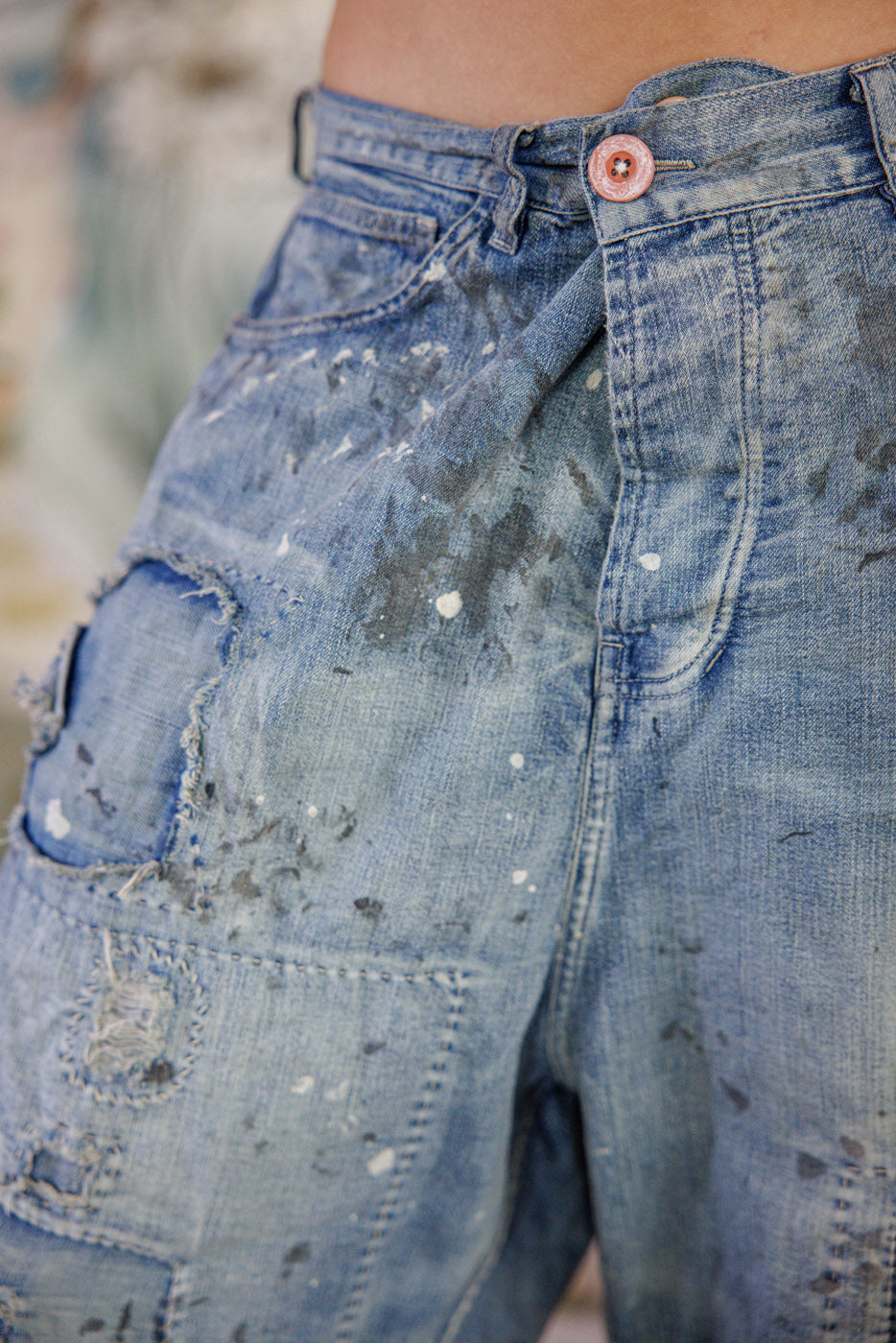 Magnolia Pearl artisan patchwork denim pants with paint splatter, whimsical vintage style shoes