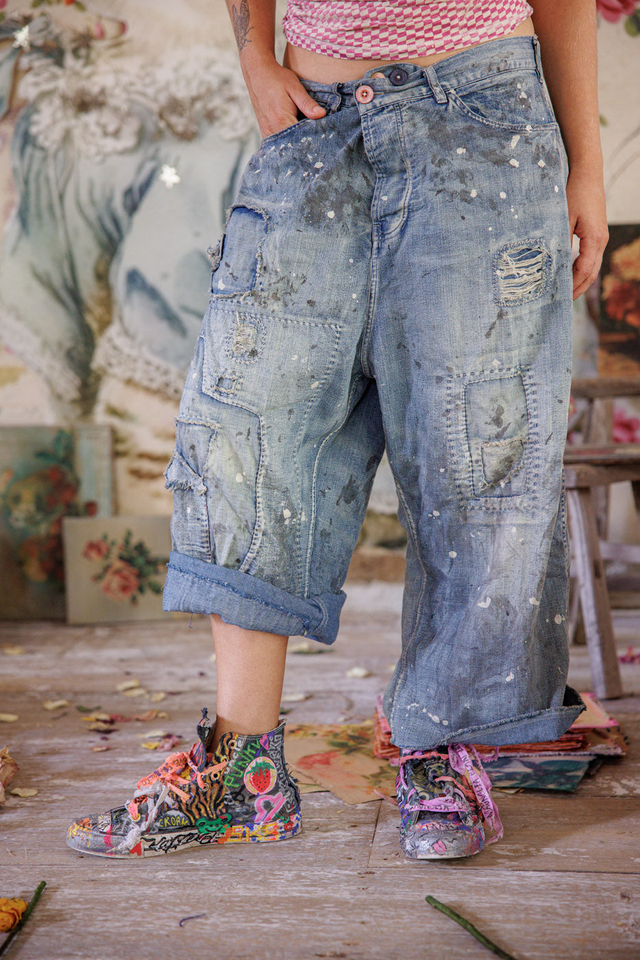 Magnolia Pearl artisan patchwork denim pants with paint splatter, whimsical vintage style shoes
