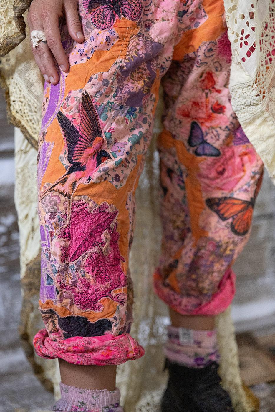 Magnolia Pearl artisan vintage pants with whimsical butterfly floral print, lace top, rustic boots