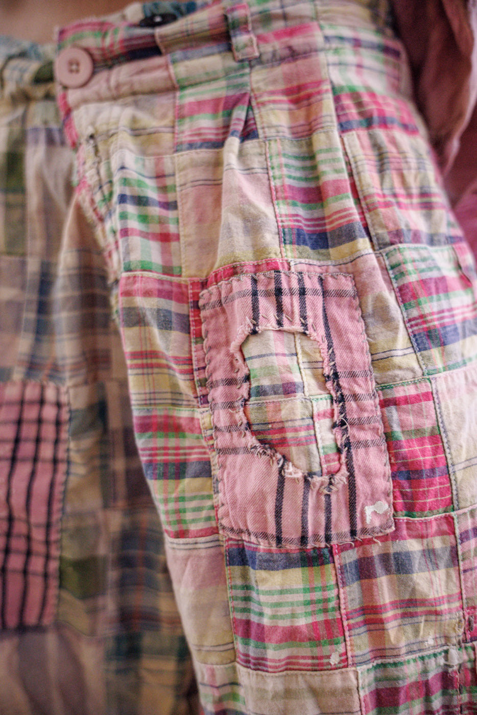 Magnolia Pearl artisan patchwork pants, pastel plaid, vintage style, whimsical distressed detail
