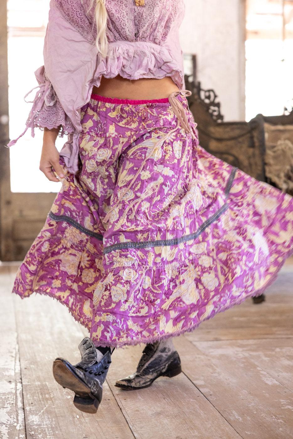 Magnolia Pearl artisan floral purple skirt with vintage lace blouse, whimsical boho style fashion