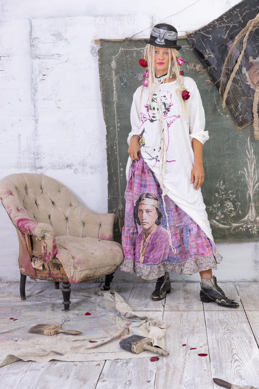 Magnolia Pearl whimsical artisan skirt with portrait, vintage distressed setting, unique fashion