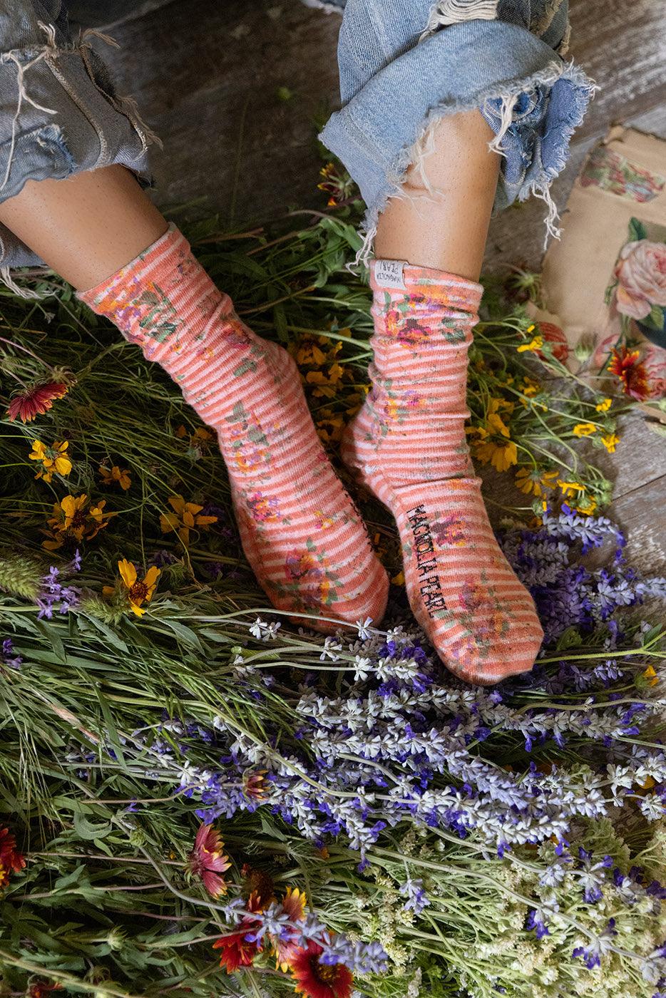 Magnolia Pearl artisan floral striped socks, vintage style, whimsical, with wildflowers