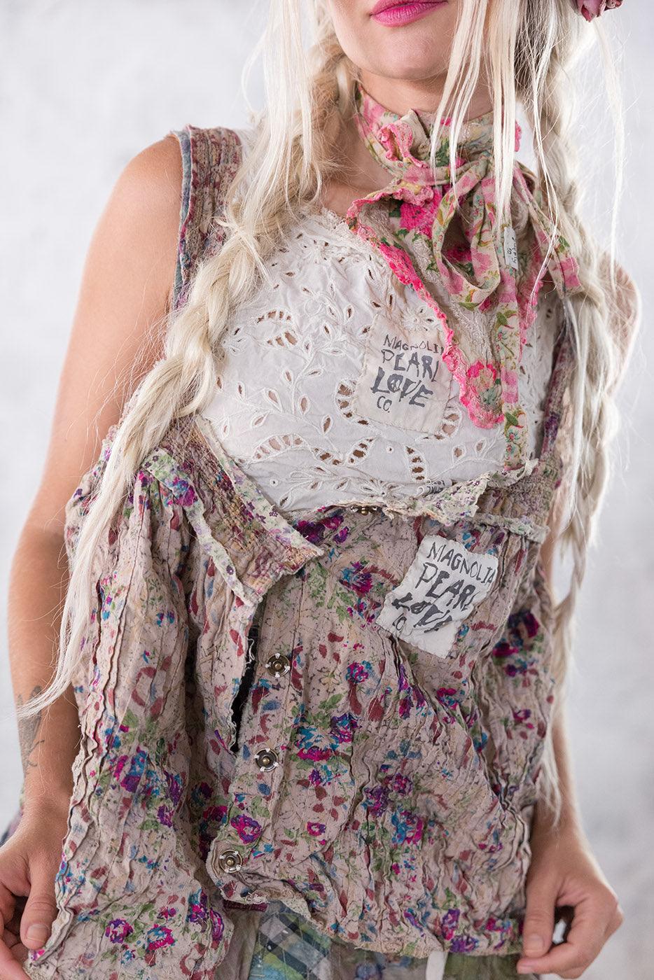Magnolia Pearl artisan floral vest and lace top with whimsical vintage patchwork design