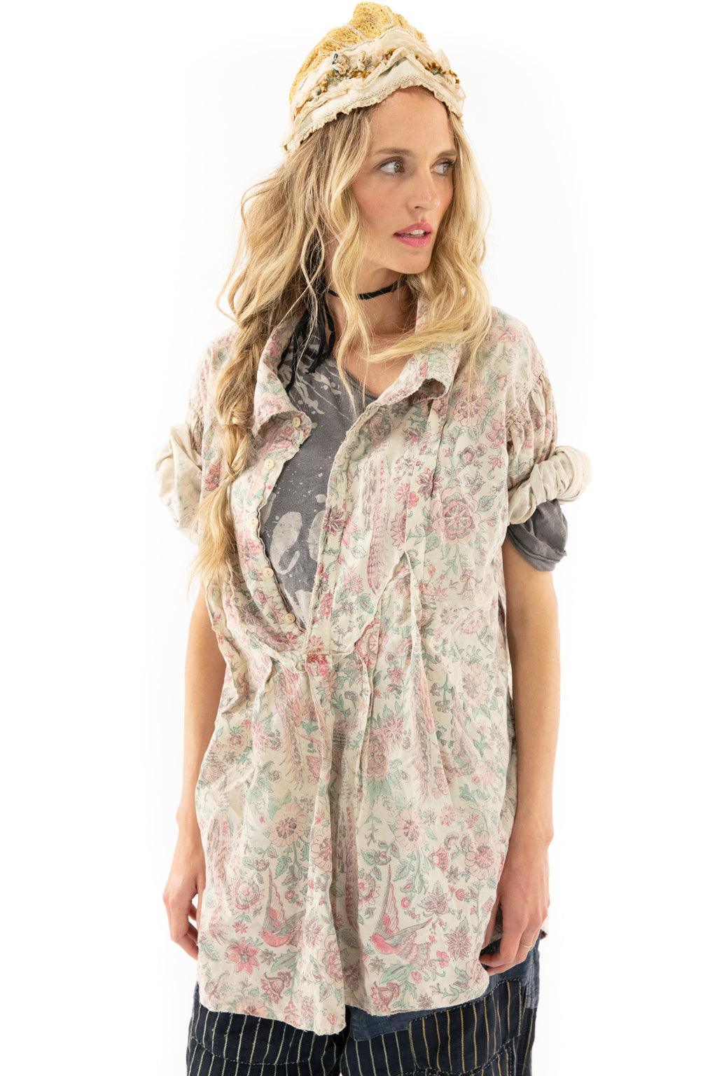 Magnolia Pearl artisan floral shirt, vintage striped pants, whimsical boho style outfit