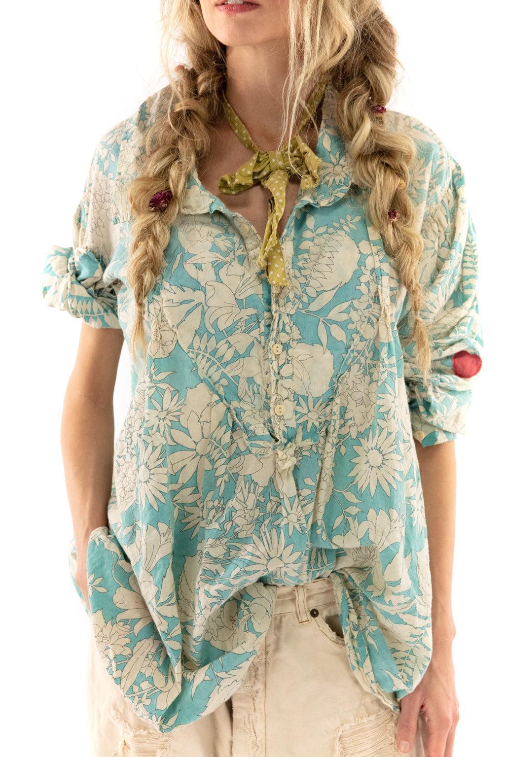 Magnolia Pearl artisan vintage floral shirt, whimsical blue and cream blouse, cottagecore fashion