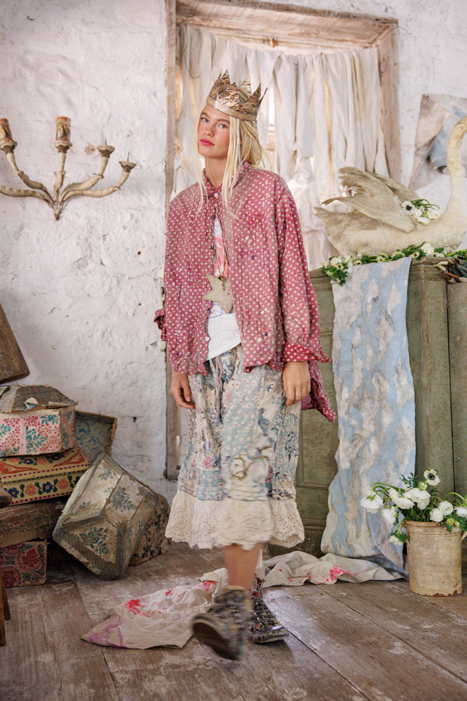 Magnolia Pearl model in whimsical artisan vintage clothing, paper crown, rustic cottage decor